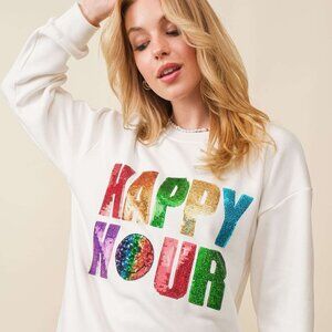 Premium Boutique Glitter Sequin HAPPY HOUR Emoji Smiley Face Knit Sweatshirt NEW
